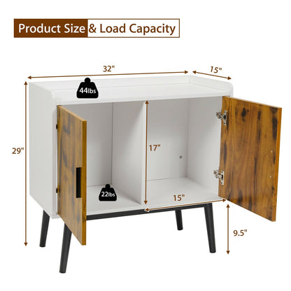 Mid-Century Wood Storage Cabinet with 2 Doors and Metal Legs for Entryway, Brown & White Sideboards Cabinets & Buffets   at Gallery Canada