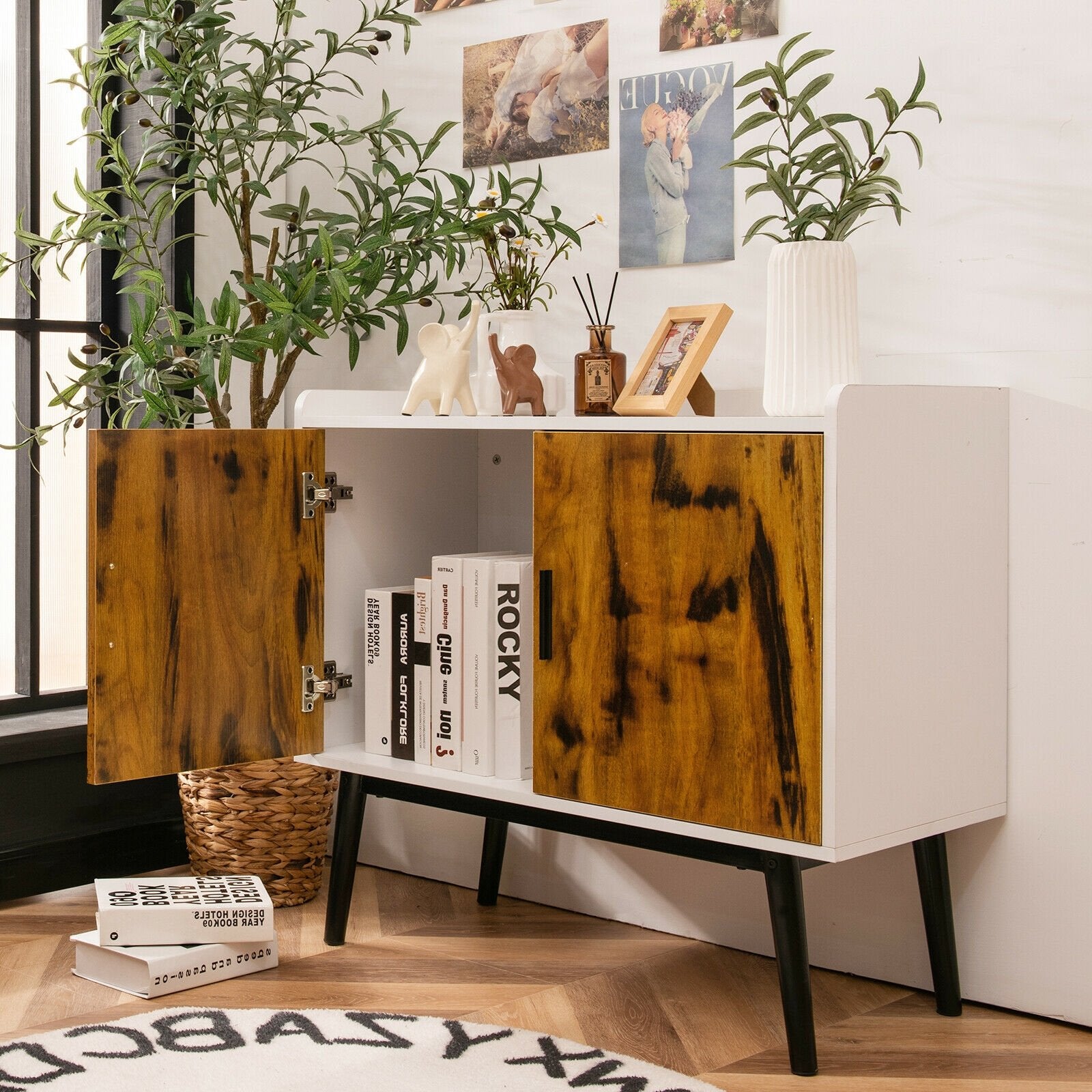 Mid-Century Wood Storage Cabinet with 2 Doors and Metal Legs for Entryway, Brown & White Sideboards Cabinets & Buffets   at Gallery Canada