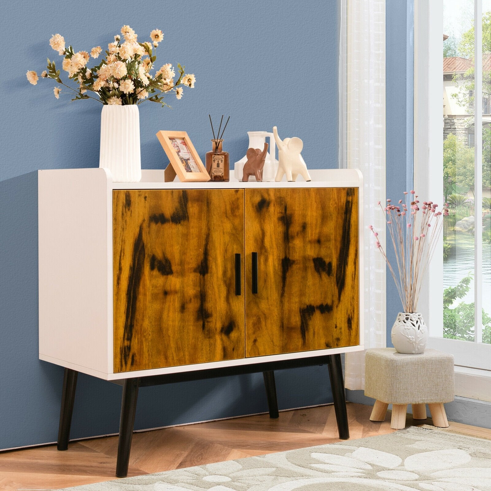 Mid-Century Wood Storage Cabinet with 2 Doors and Metal Legs for Entryway, Brown & White Sideboards Cabinets & Buffets   at Gallery Canada