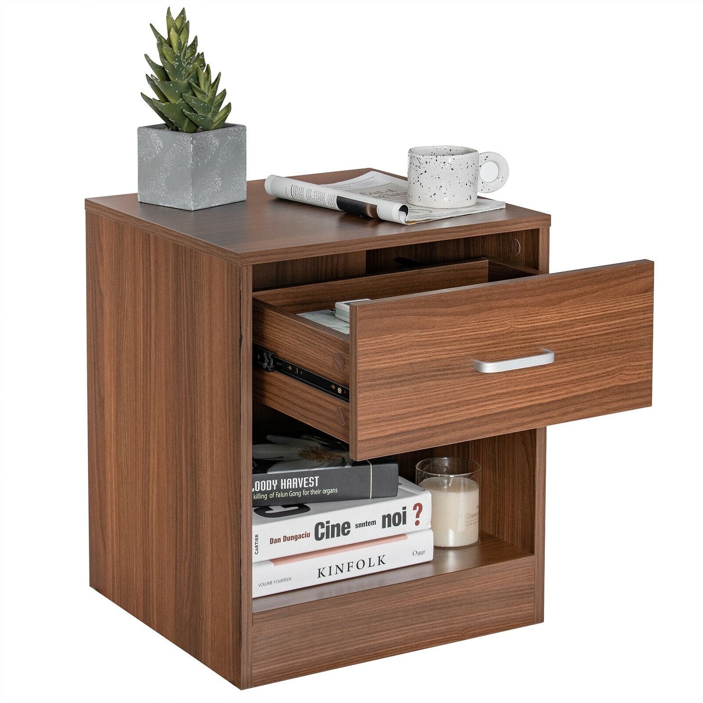 Modern Nightstand with Storage Drawer and Cabinet, Brown - Gallery Canada