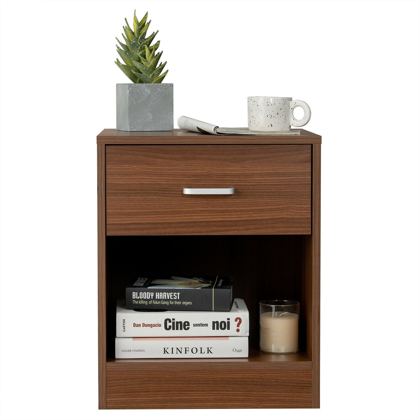 Modern Nightstand with Storage Drawer and Cabinet, Brown - Gallery Canada