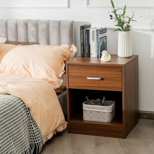 Modern Nightstand with Storage Drawer and Cabinet, Brown