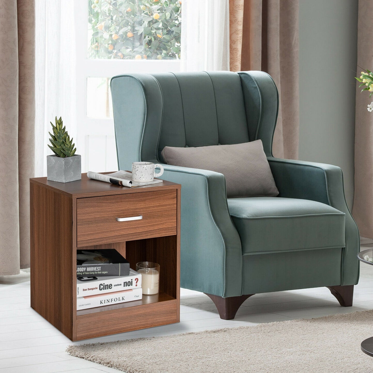 Modern Nightstand with Storage Drawer and Cabinet, Brown Nightstands   at Gallery Canada