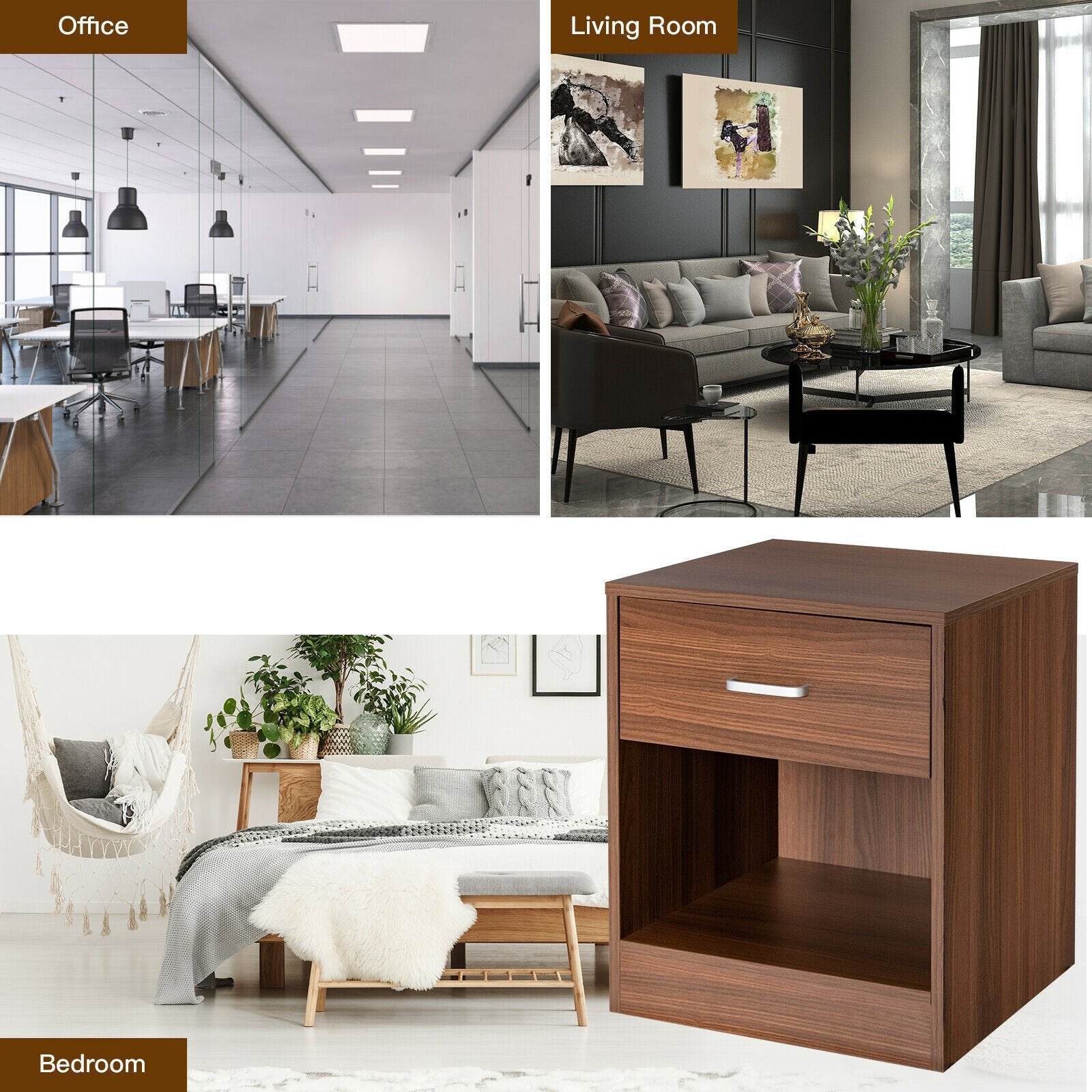 Modern Nightstand with Storage Drawer and Cabinet, Brown Nightstands   at Gallery Canada