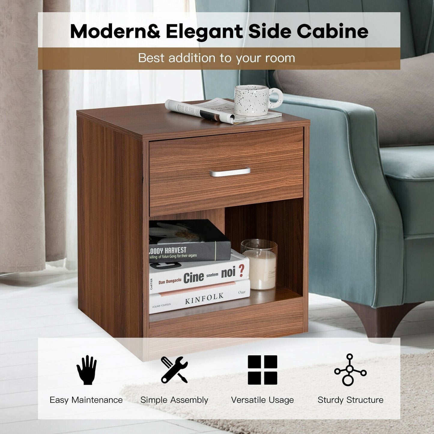 Modern Nightstand with Storage Drawer and Cabinet, Brown Nightstands   at Gallery Canada