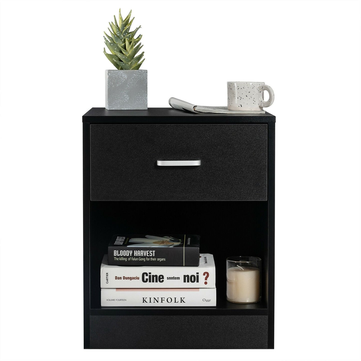 Modern Nightstand with Storage Drawer and Cabinet, Black - Gallery Canada