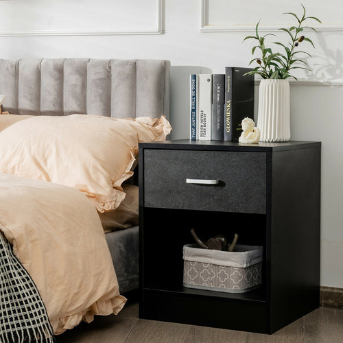 Modern Nightstand with Storage Drawer and Cabinet, Black