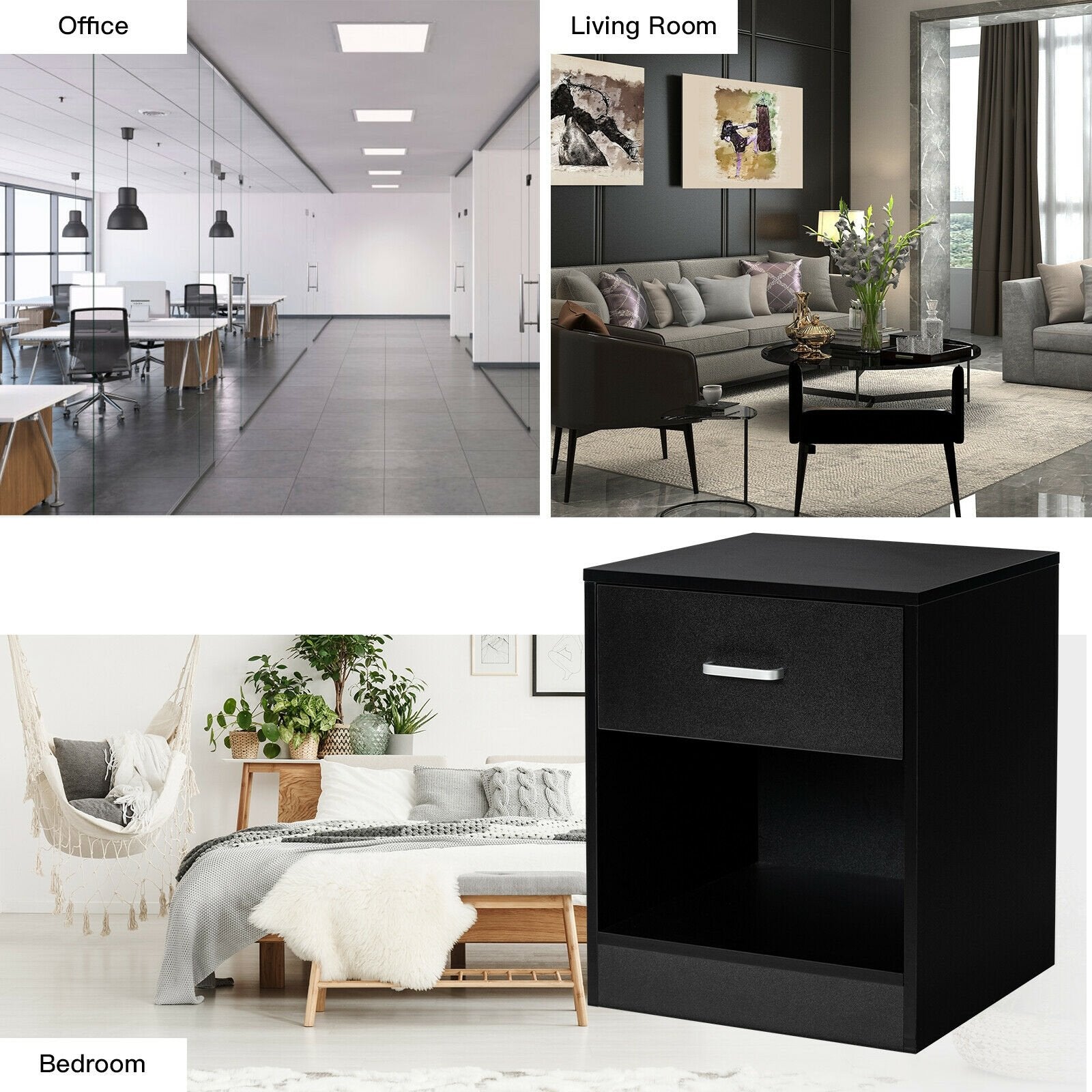 Modern Nightstand with Storage Drawer and Cabinet, Black - Gallery Canada