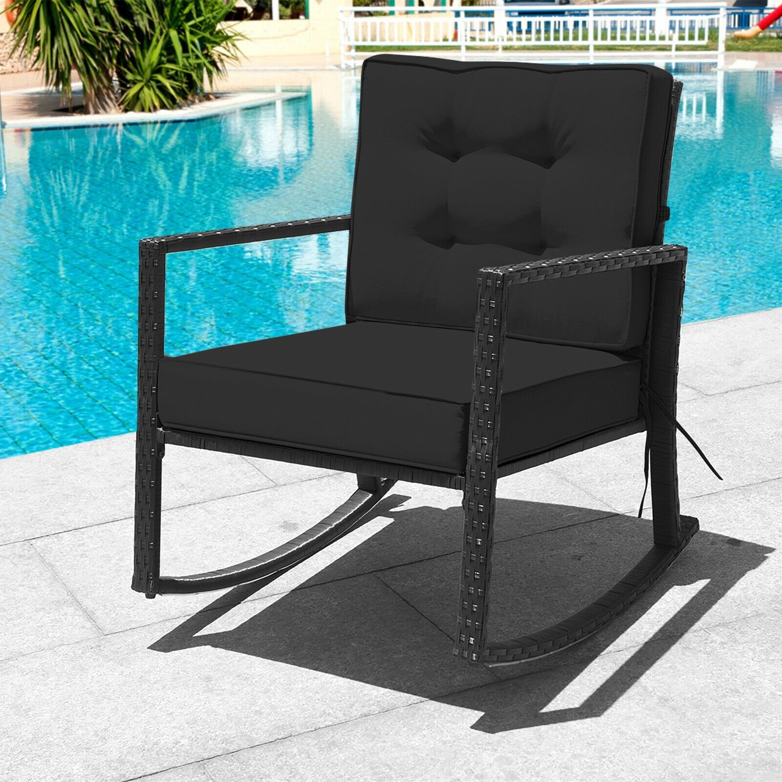 Patio Rattan Rocker Outdoor Glider Rocking Chair Cushion Lawn, Black - Gallery Canada