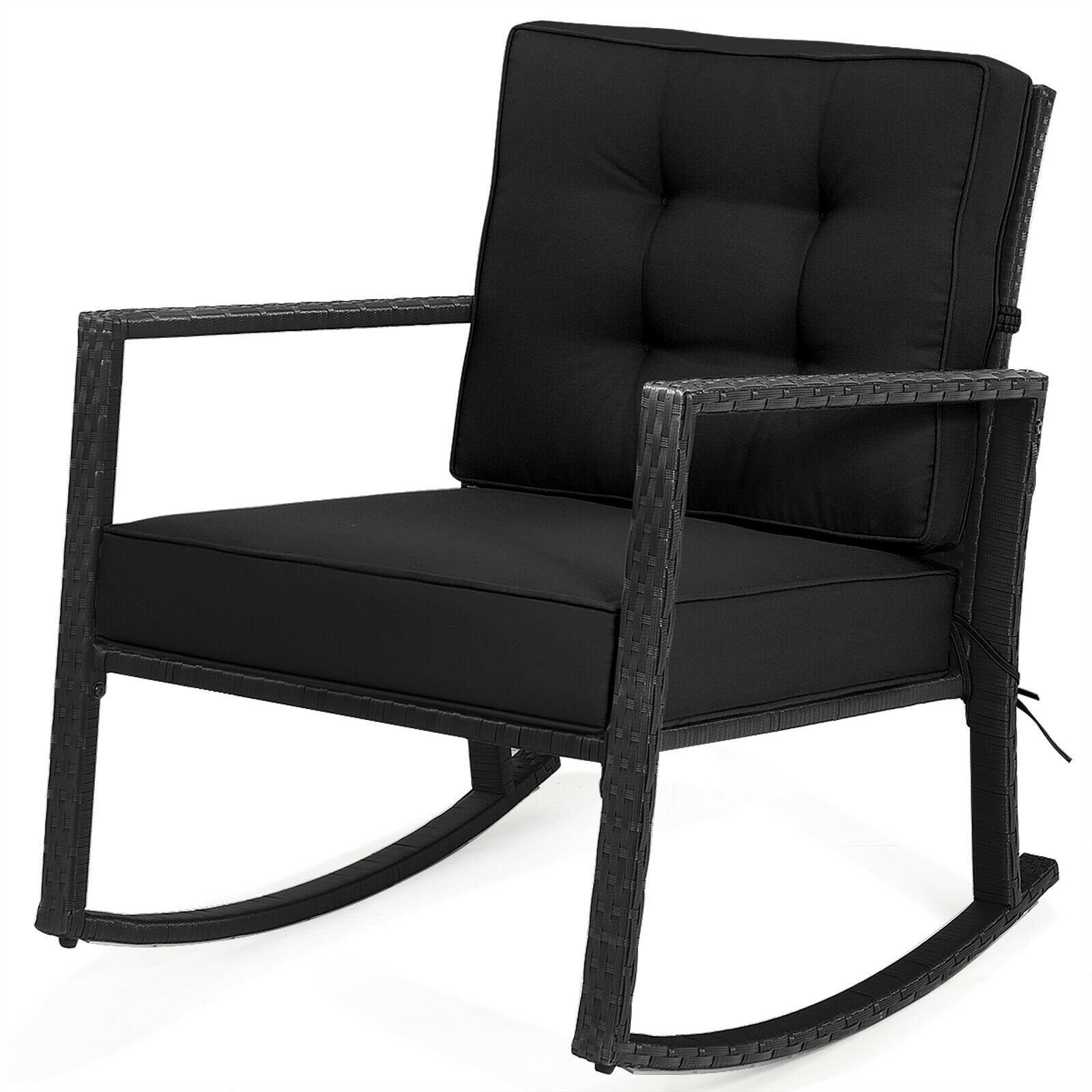 Patio Rattan Rocker Outdoor Glider Rocking Chair Cushion Lawn, Black - Gallery Canada