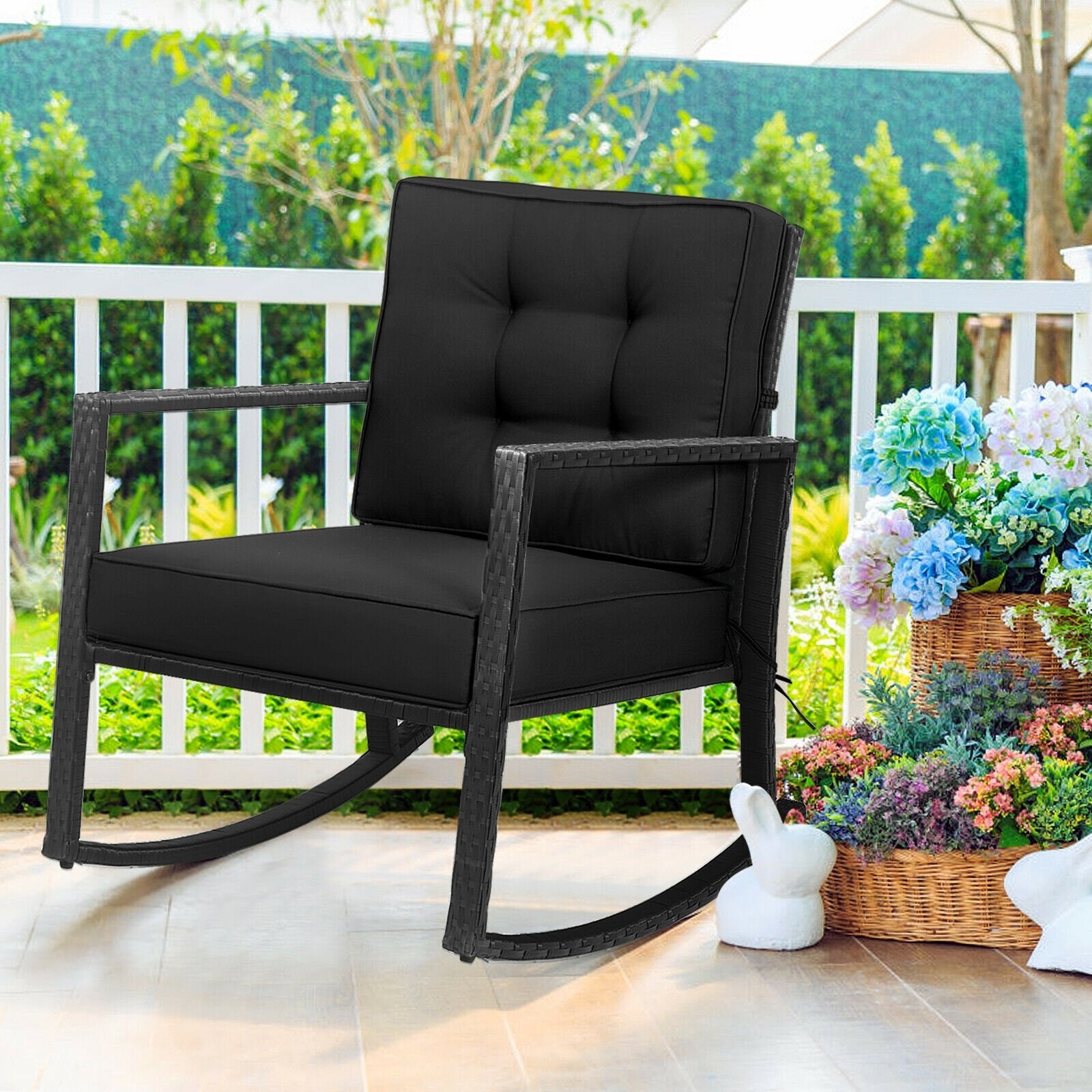 Patio Rattan Rocker Outdoor Glider Rocking Chair Cushion Lawn, Black Patio Rocking Chairs & Gliders   at Gallery Canada