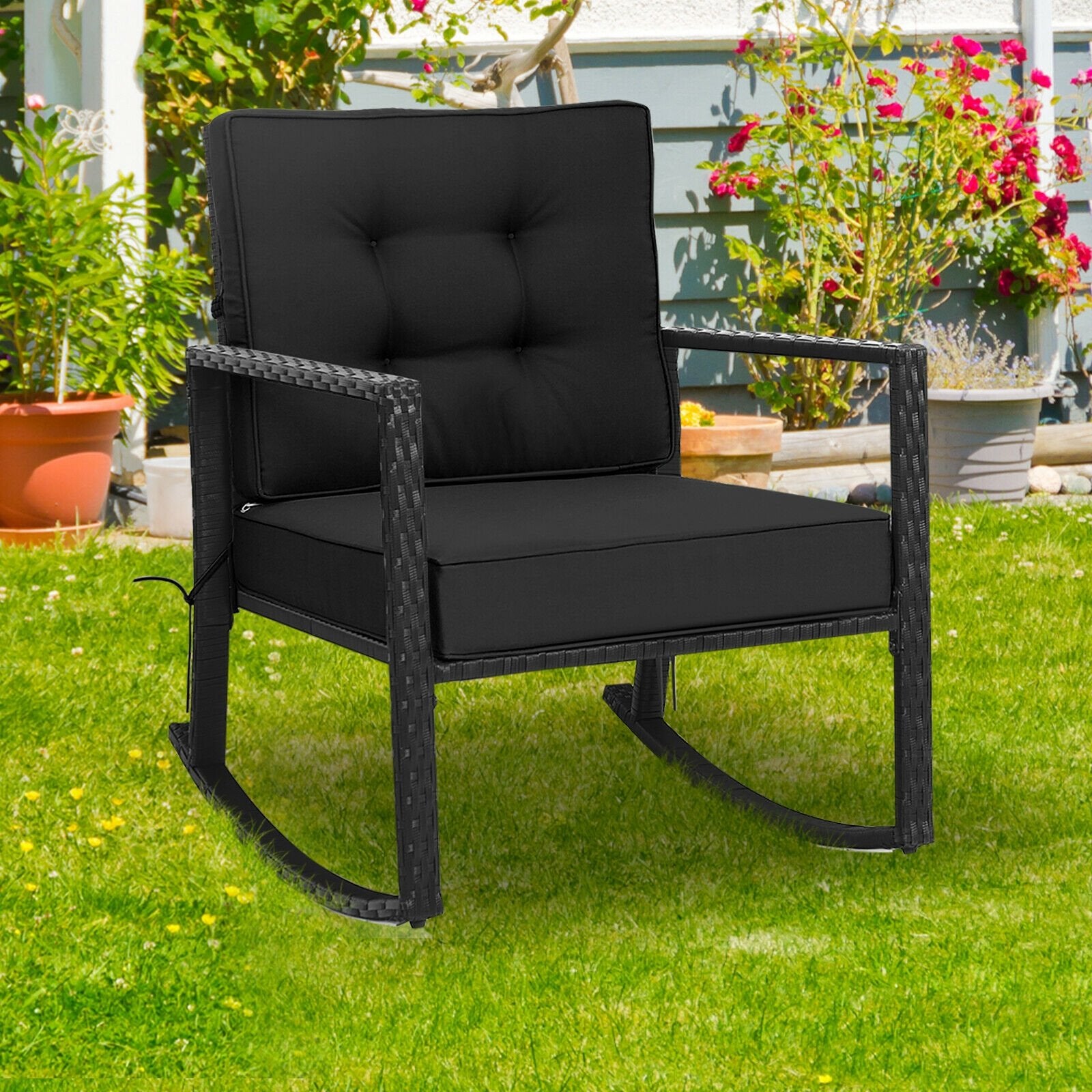 Patio Rattan Rocker Outdoor Glider Rocking Chair Cushion Lawn, Black Patio Rocking Chairs & Gliders   at Gallery Canada