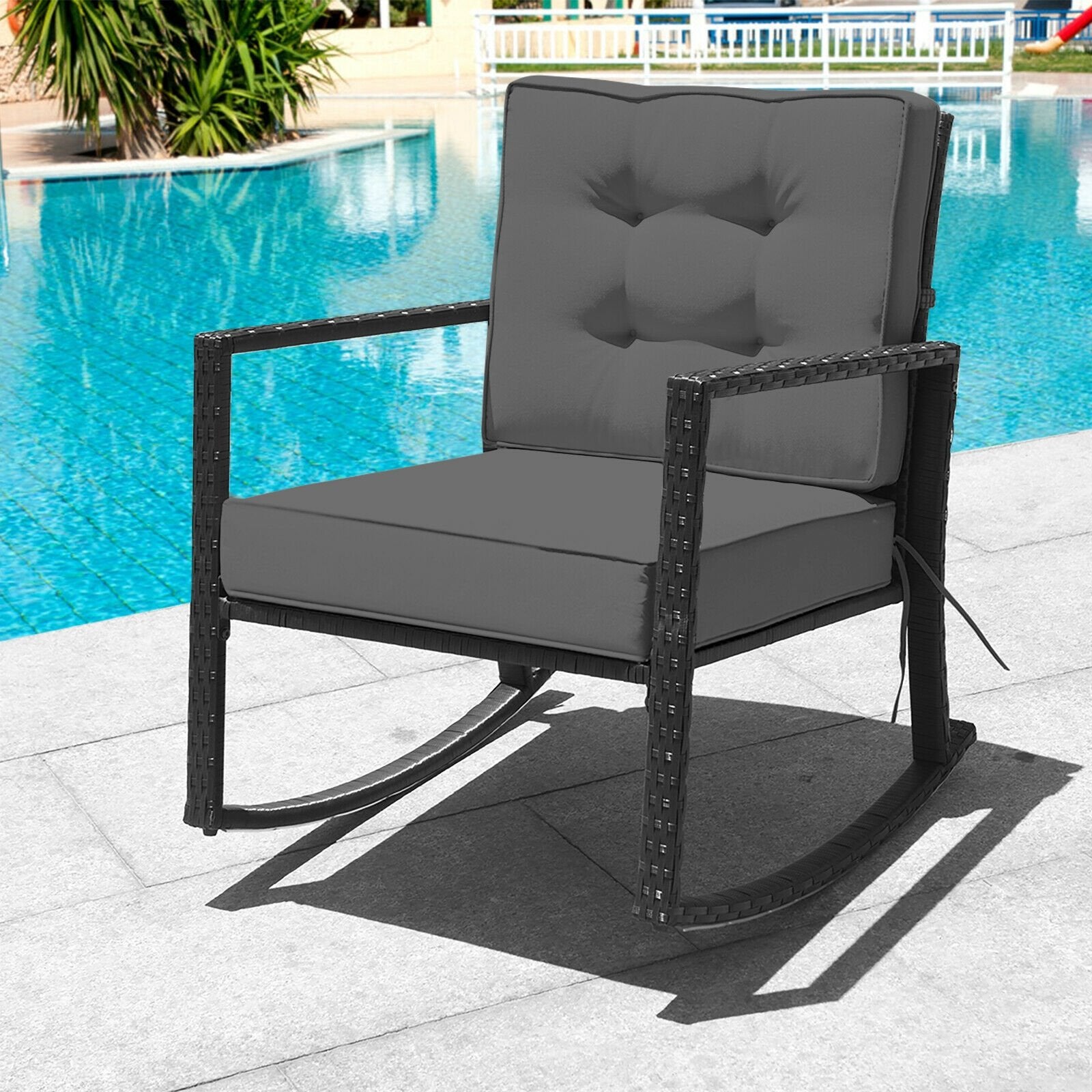 Patio Rattan Rocker Outdoor Glider Rocking Chair Cushion Lawn, Gray Patio Rocking Chairs & Gliders   at Gallery Canada