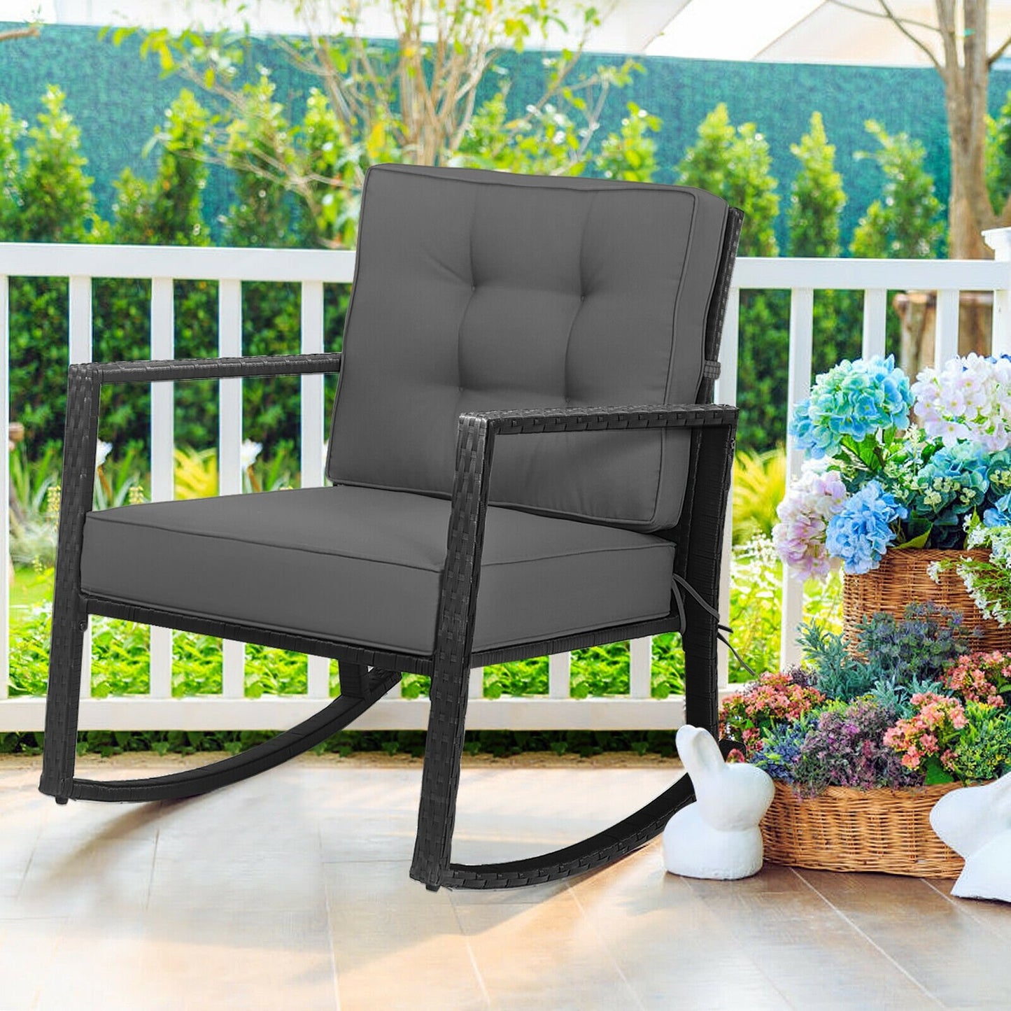 Patio Rattan Rocker Outdoor Glider Rocking Chair Cushion Lawn, Gray - Gallery Canada