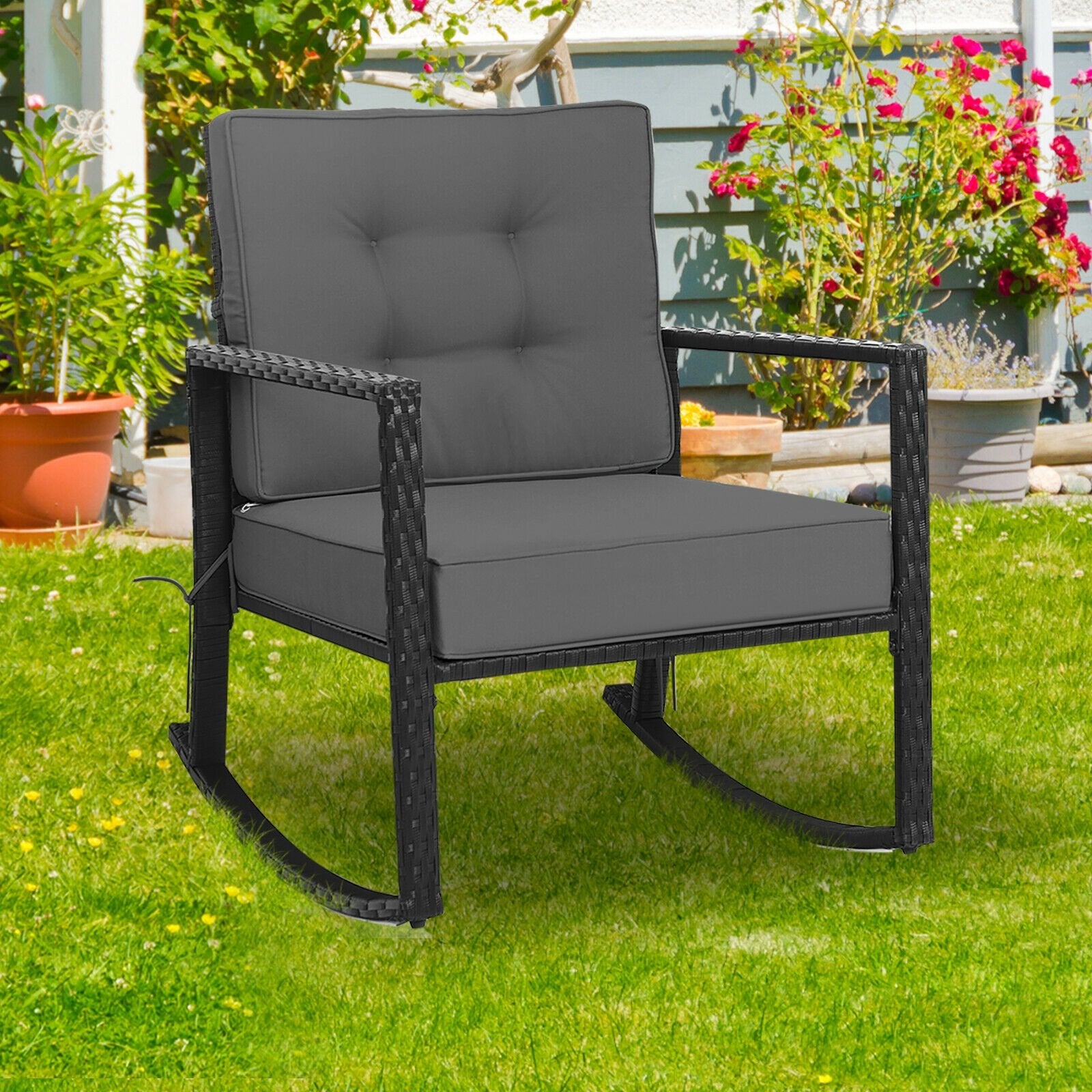 Patio Rattan Rocker Outdoor Glider Rocking Chair Cushion Lawn, Gray Patio Rocking Chairs & Gliders   at Gallery Canada