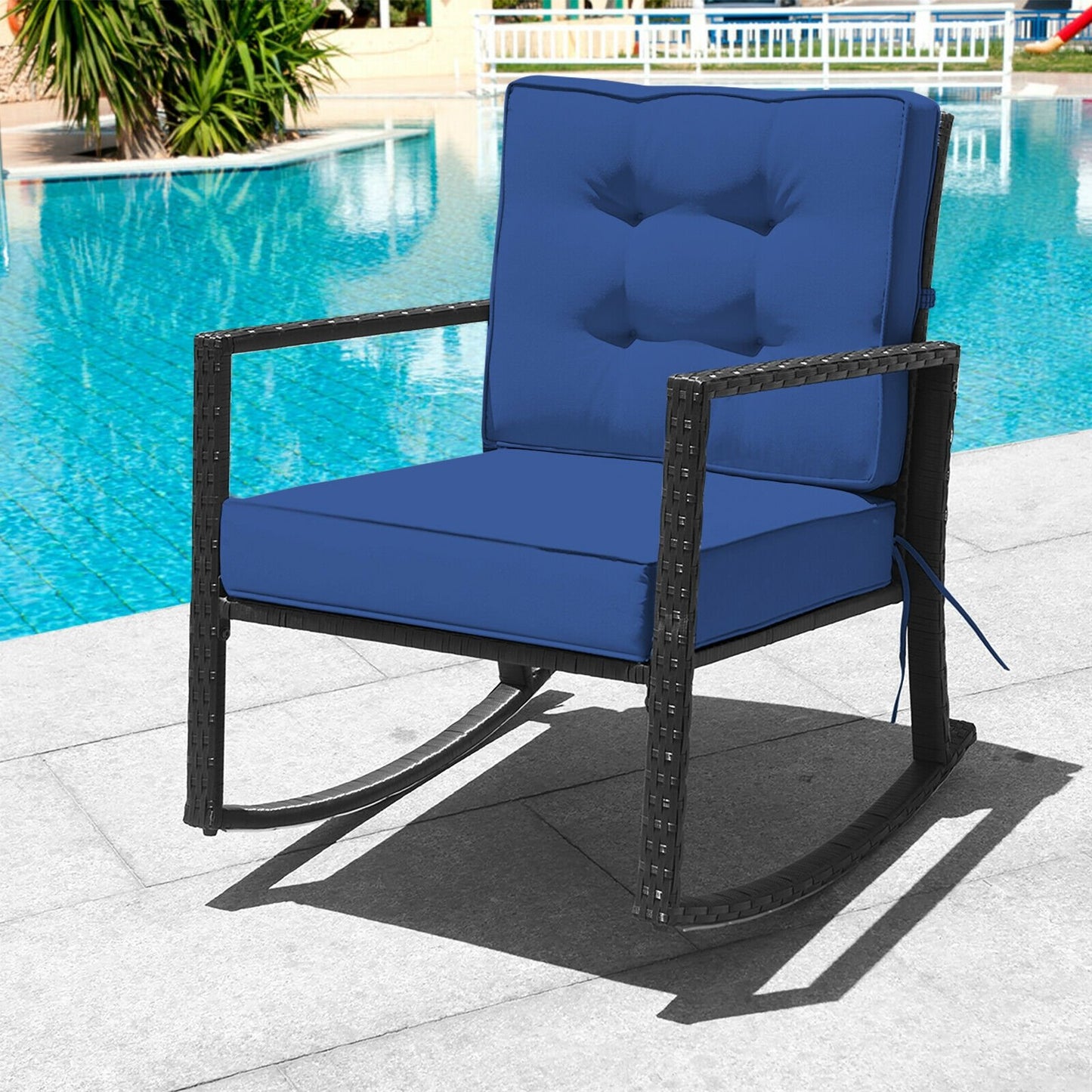 Patio Rattan Rocker Outdoor Glider Rocking Chair Cushion Lawn, Navy Patio Rocking Chairs & Gliders   at Gallery Canada