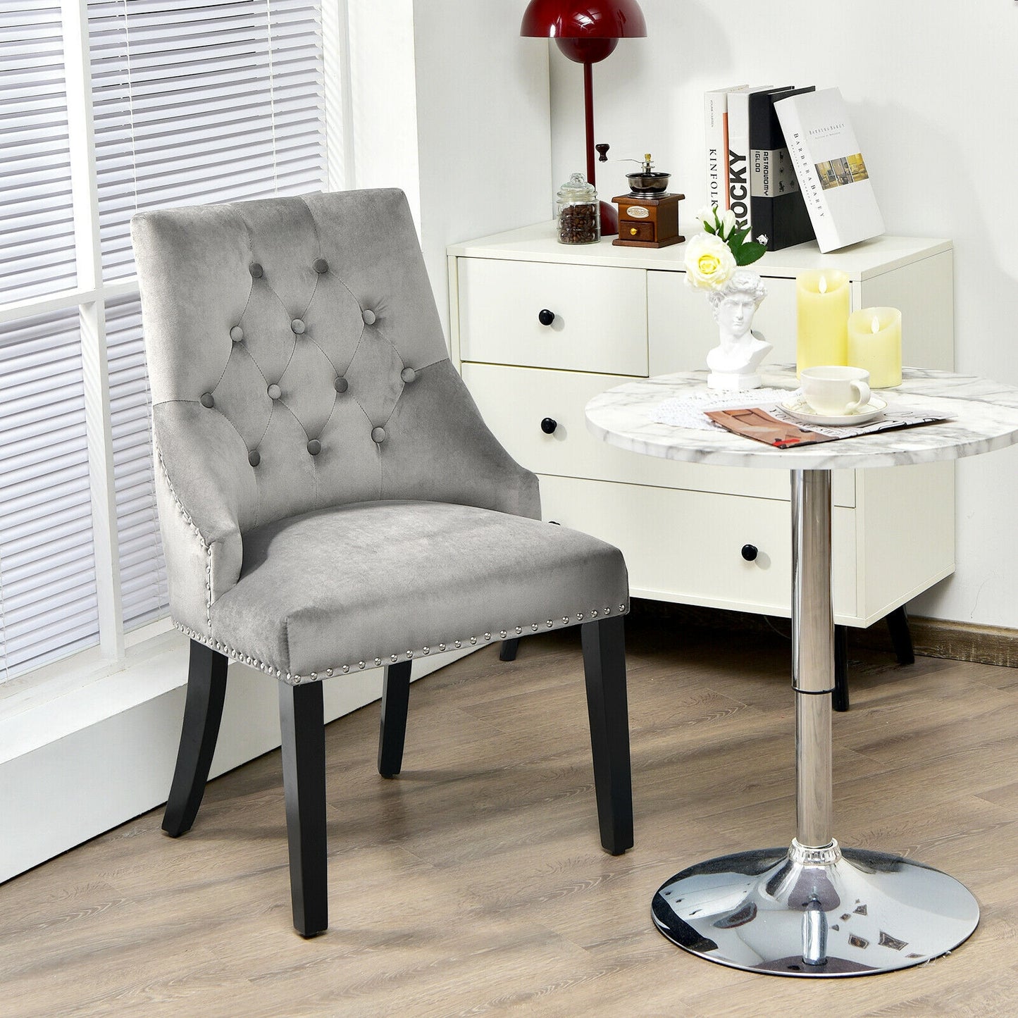 Modern Upholstered Button-Tufted Dining Chair with Naild Trim, Gray Dining Chairs   at Gallery Canada