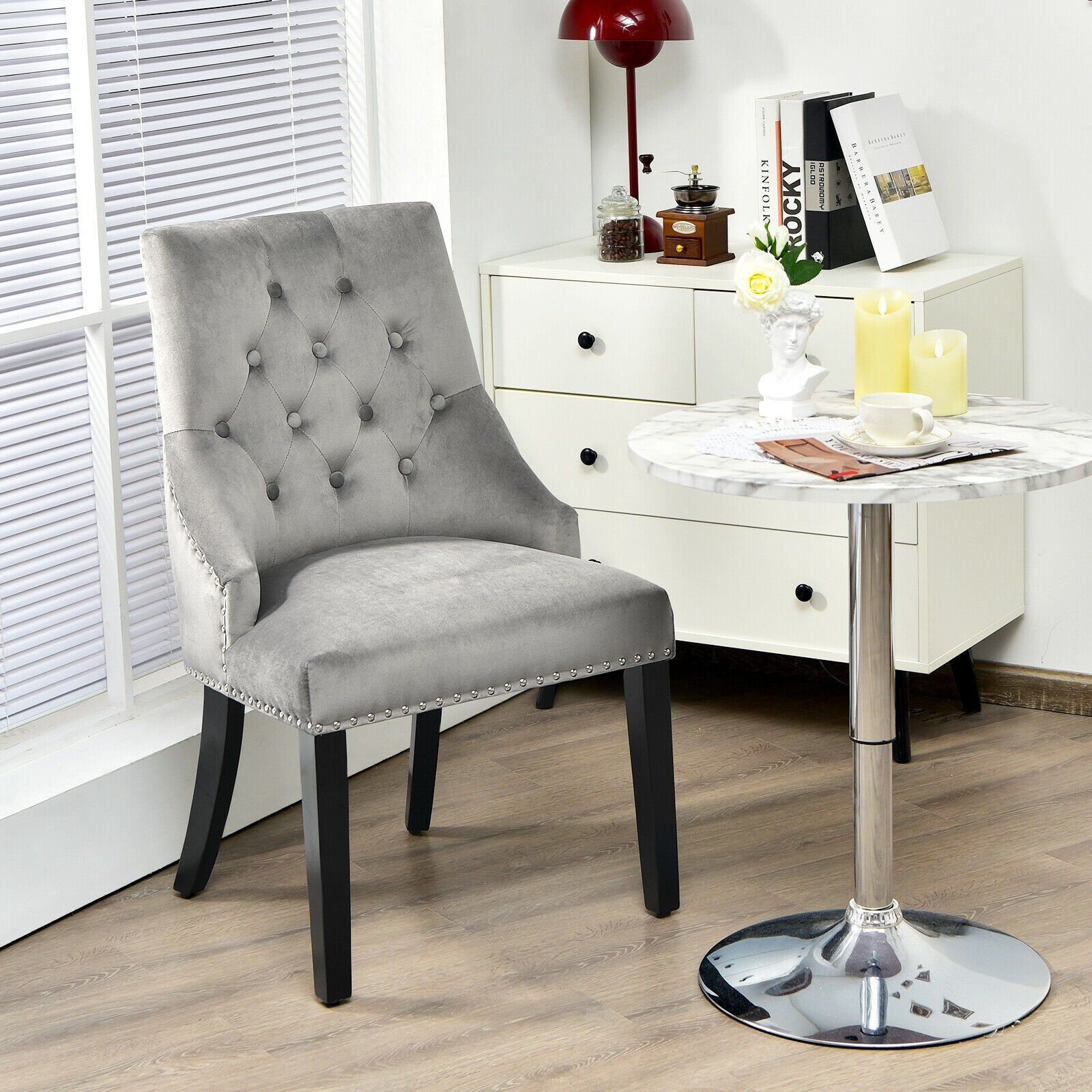 Modern Upholstered Button-Tufted Dining Chair with Naild Trim, Gray Dining Chairs   at Gallery Canada