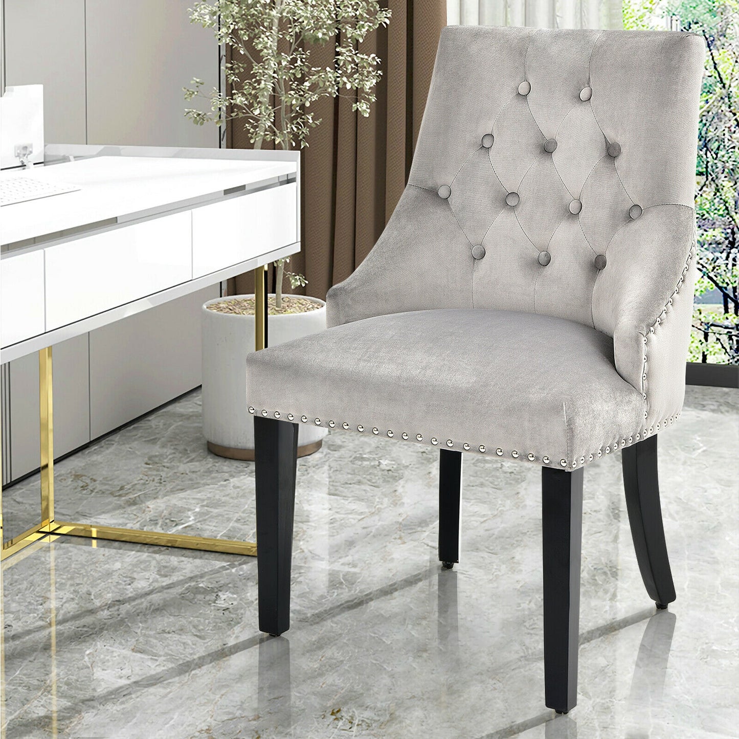 Modern Upholstered Button-Tufted Dining Chair with Naild Trim, Gray Dining Chairs   at Gallery Canada