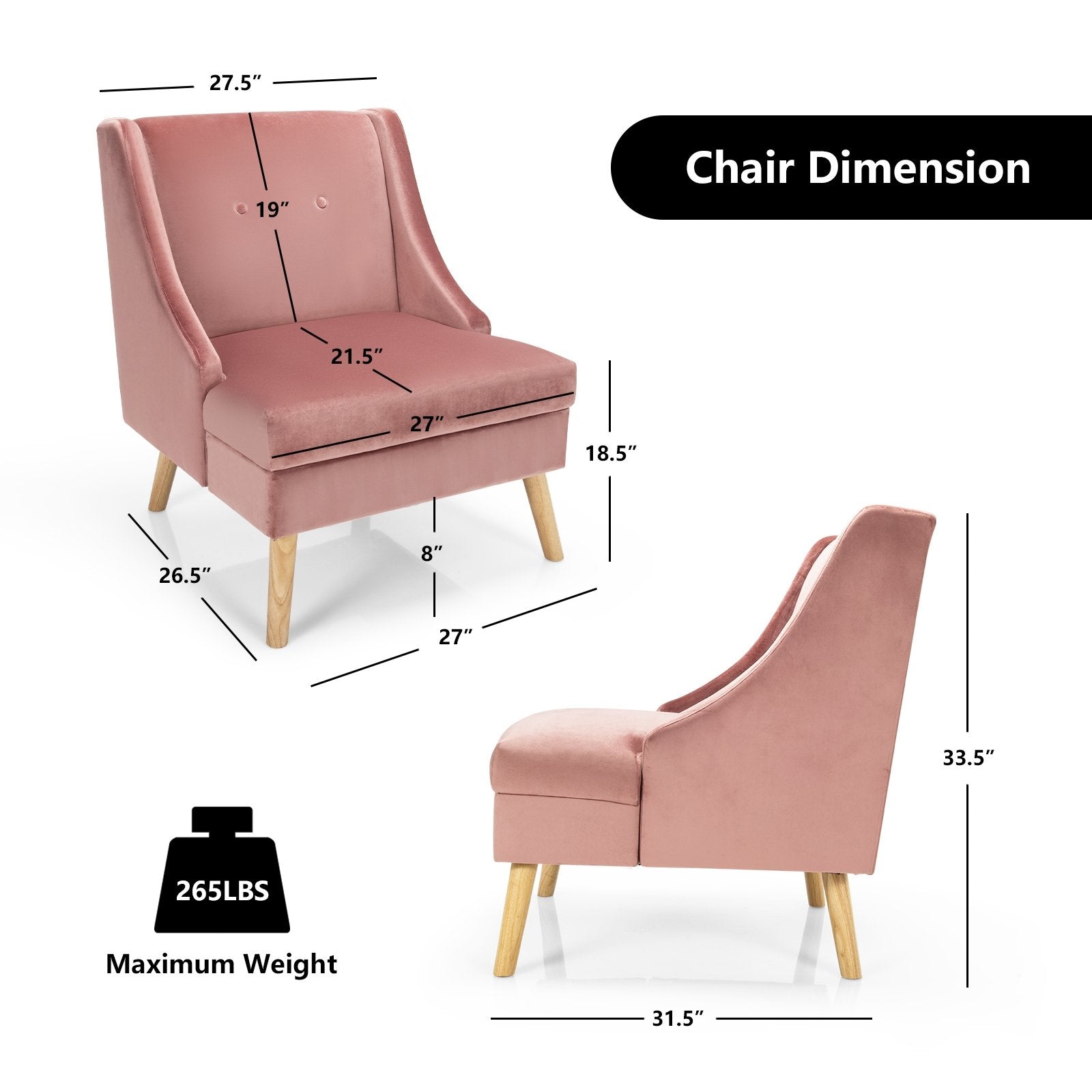 Velvet Wing Back Accent Chair with Rubber Wood Legs and Padded Seat for Living Room, Pink Accent Chairs   at Gallery Canada