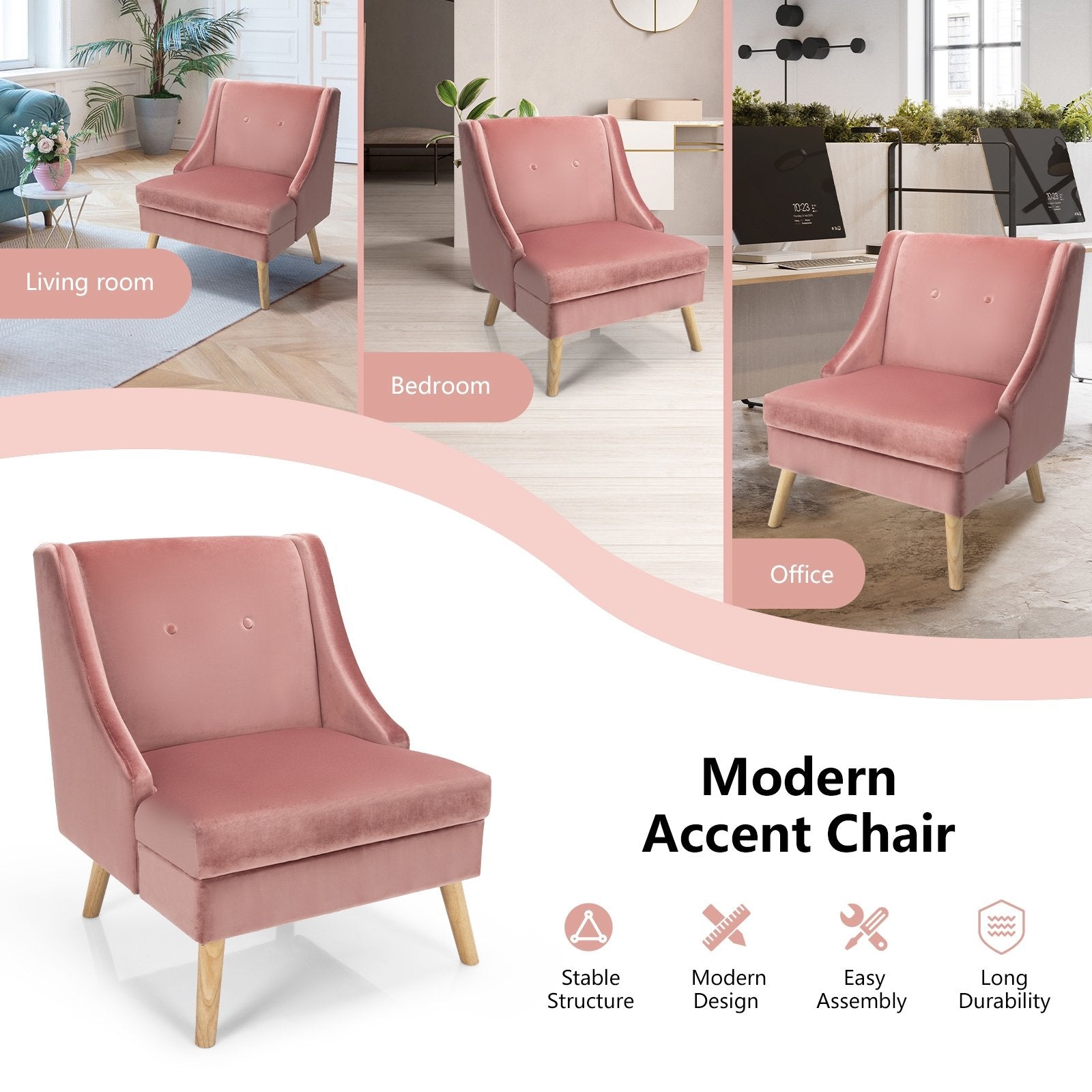 Velvet Wing Back Accent Chair with Rubber Wood Legs and Padded Seat for Living Room, Pink Accent Chairs   at Gallery Canada