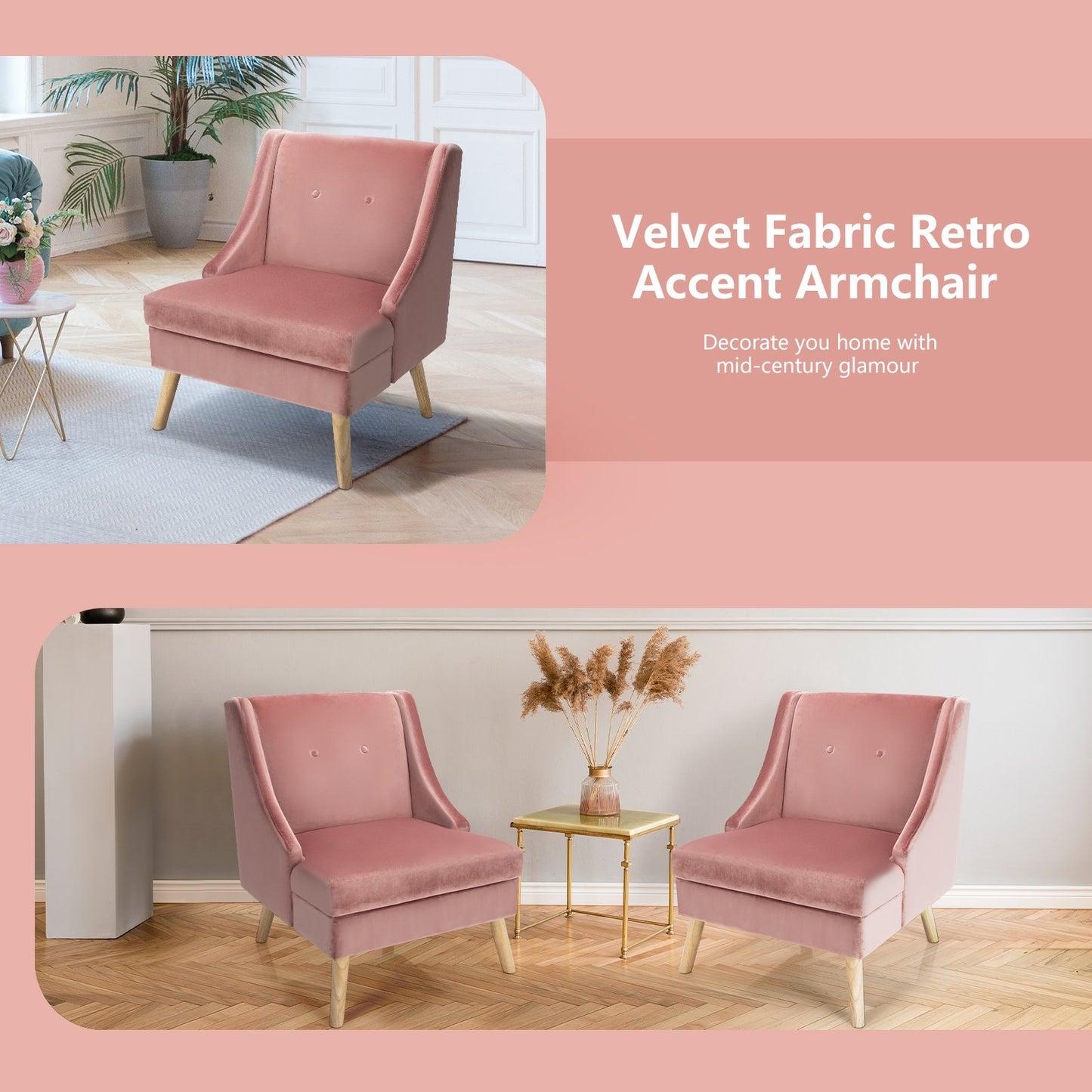 Velvet Wing Back Accent Chair with Rubber Wood Legs and Padded Seat for Living Room, Pink Accent Chairs   at Gallery Canada