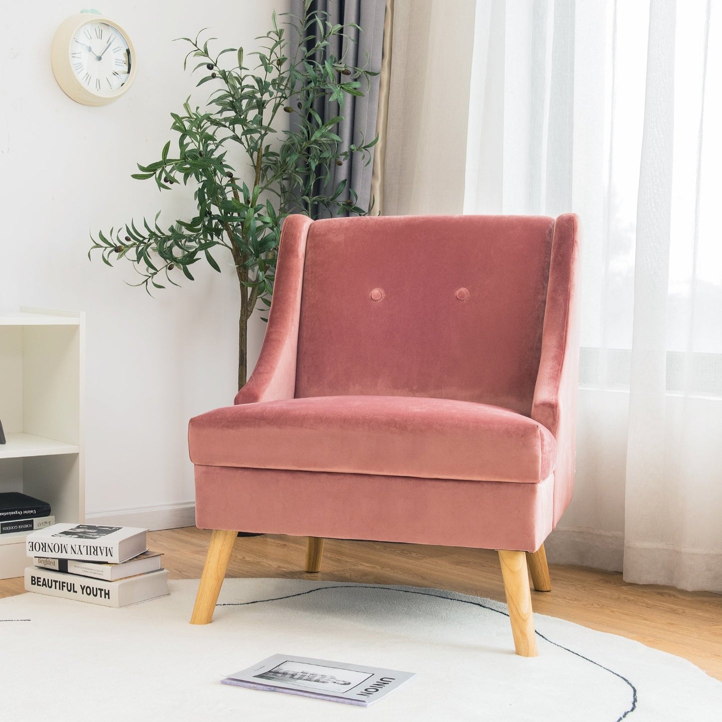 Velvet Wing Back Accent Chair with Rubber Wood Legs and Padded Seat for Living Room, Pink Accent Chairs   at Gallery Canada