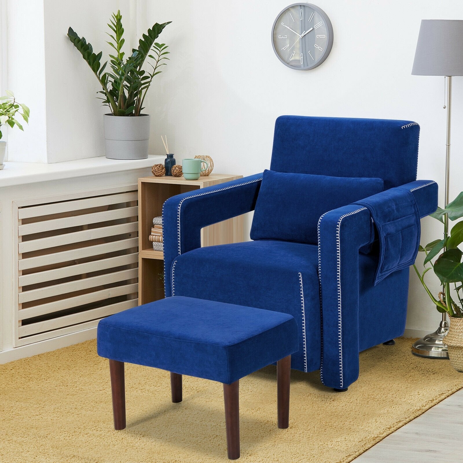 Modern Berber Fleece Single Sofa Chair with Ottoman and Waist Pillow, Blue - Gallery Canada