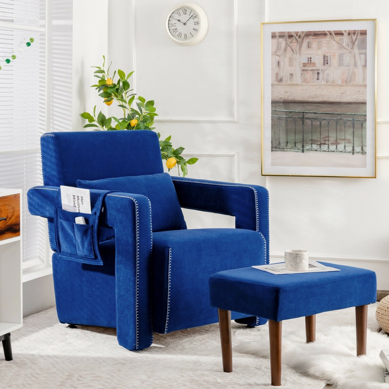 Modern Berber Fleece Single Sofa Chair with Ottoman and Waist Pillow, Blue Accent Chairs   at Gallery Canada