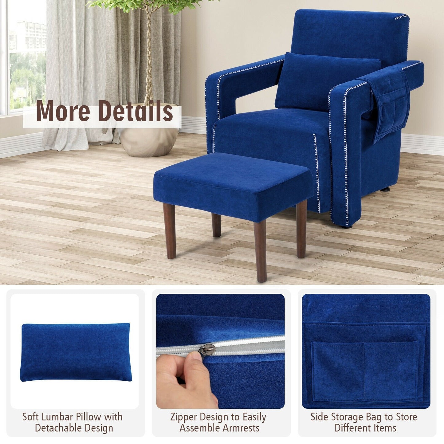 Modern Berber Fleece Single Sofa Chair with Ottoman and Waist Pillow, Blue - Gallery Canada