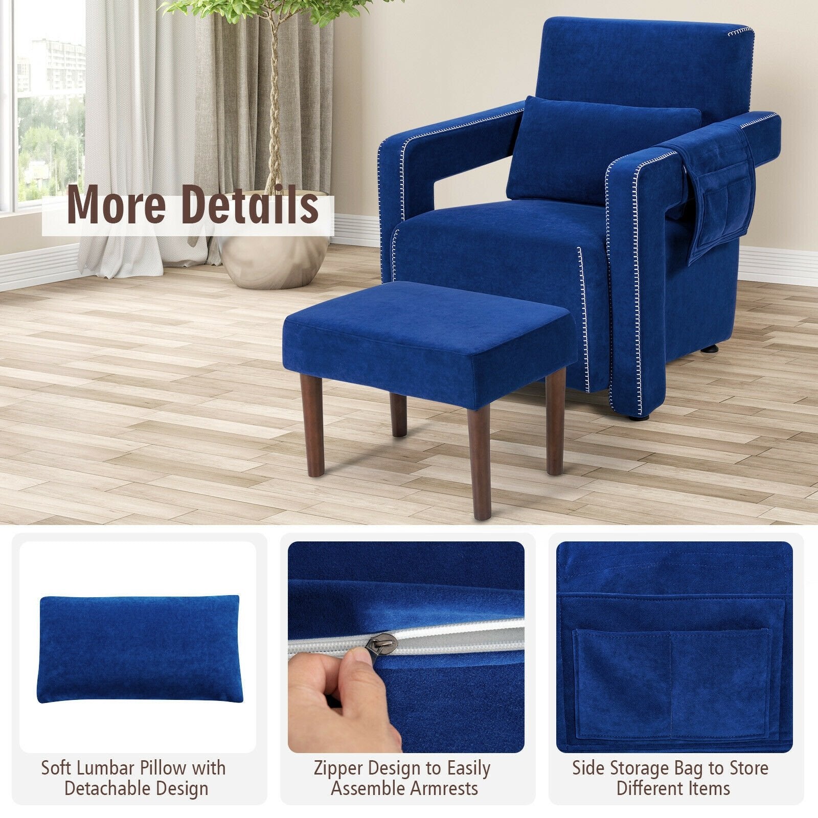 Modern Berber Fleece Single Sofa Chair with Ottoman and Waist Pillow, Blue Accent Chairs   at Gallery Canada