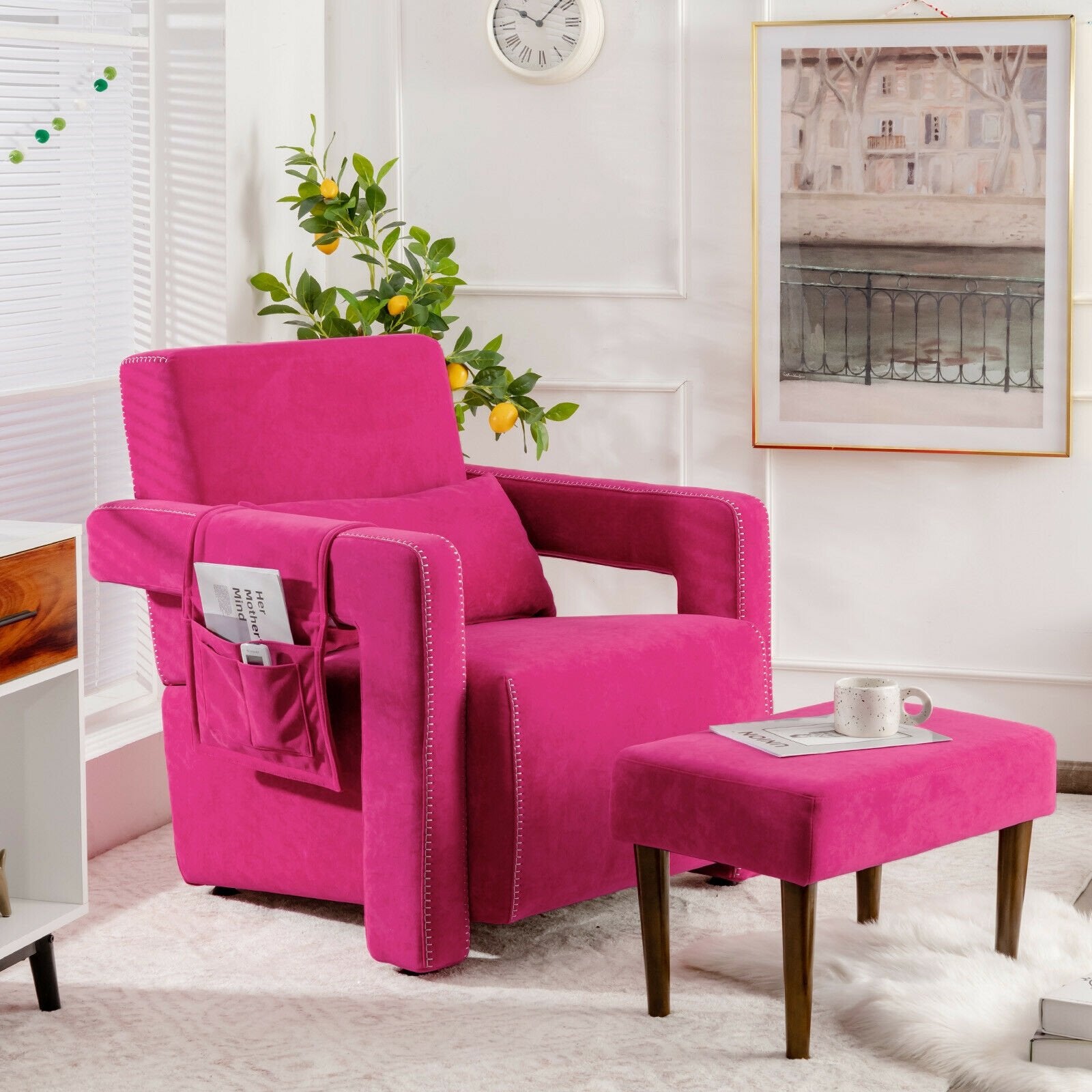 Modern Berber Fleece Single Sofa Chair with Ottoman and Waist Pillow, Red Accent Chairs   at Gallery Canada