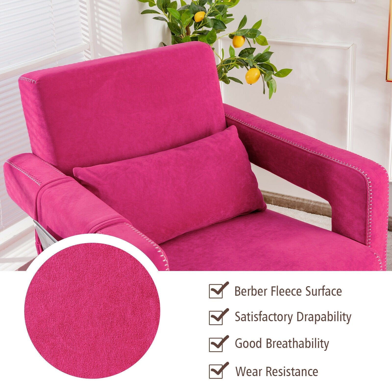 Modern Berber Fleece Single Sofa Chair with Ottoman and Waist Pillow, Red - Gallery Canada