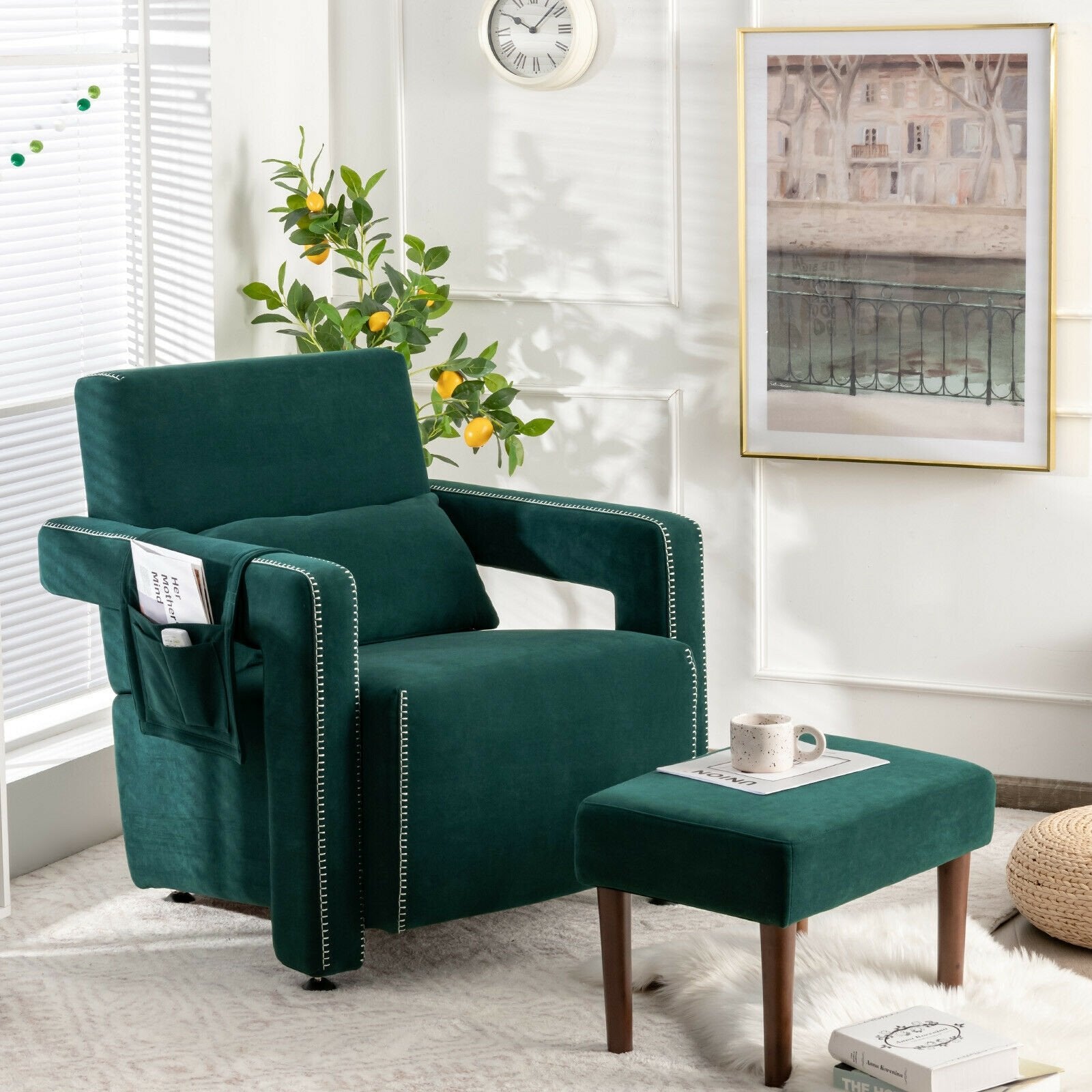 Modern Berber Fleece Single Sofa Chair with Ottoman and Waist Pillow, Green Accent Chairs   at Gallery Canada