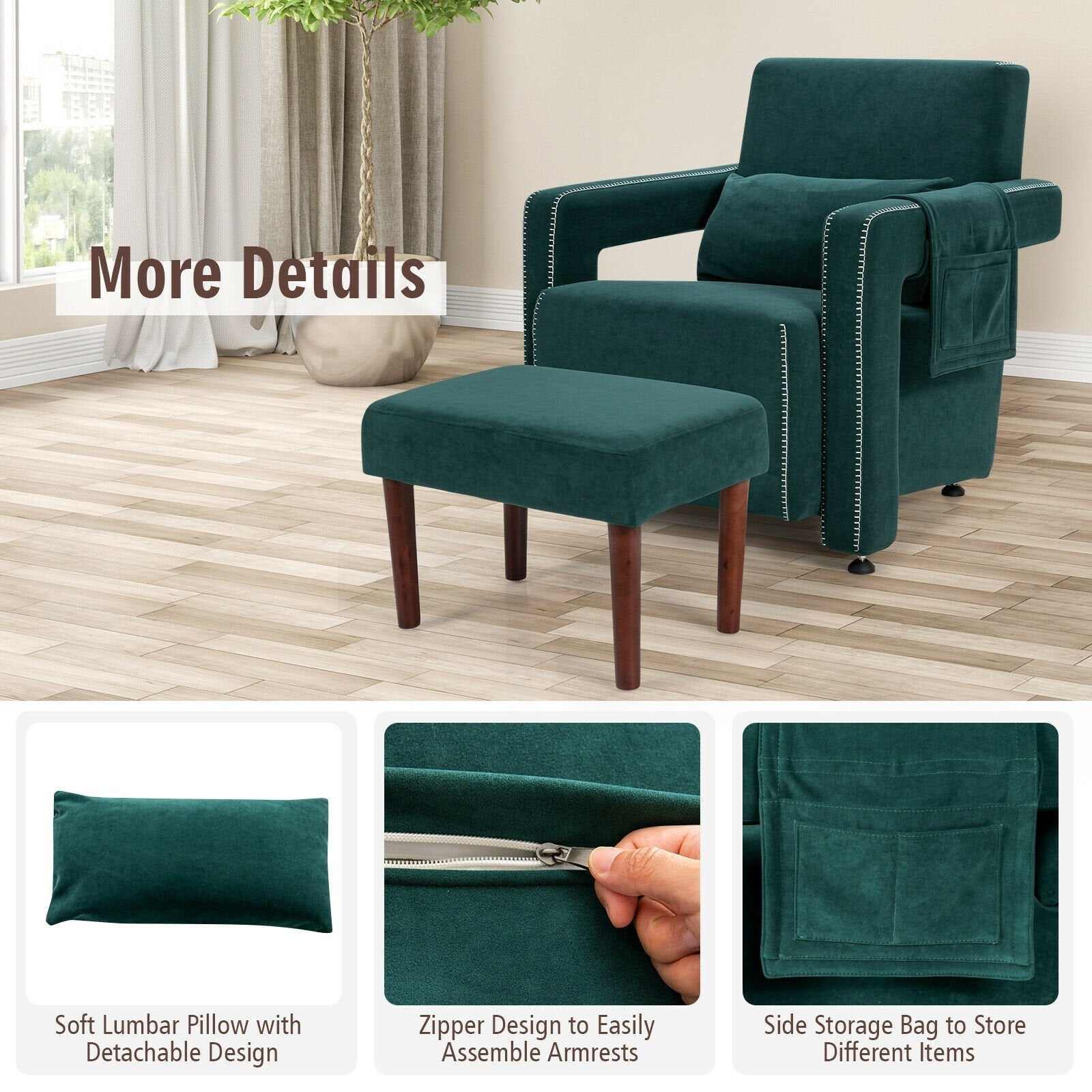 Modern Berber Fleece Single Sofa Chair with Ottoman and Waist Pillow, Green Accent Chairs   at Gallery Canada