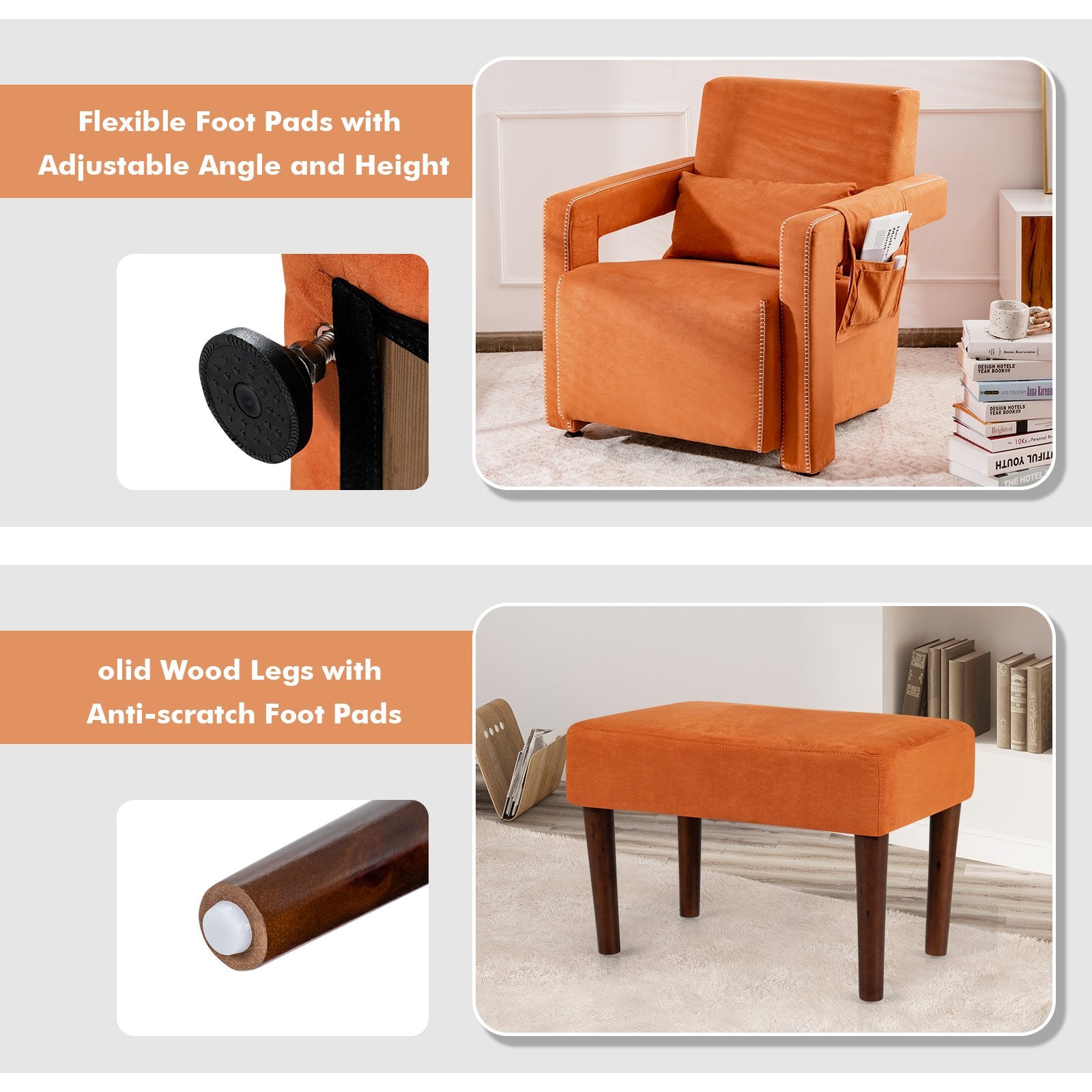 Modern Berber Fleece Single Sofa Chair with Ottoman and Waist Pillow, Orange - Gallery Canada