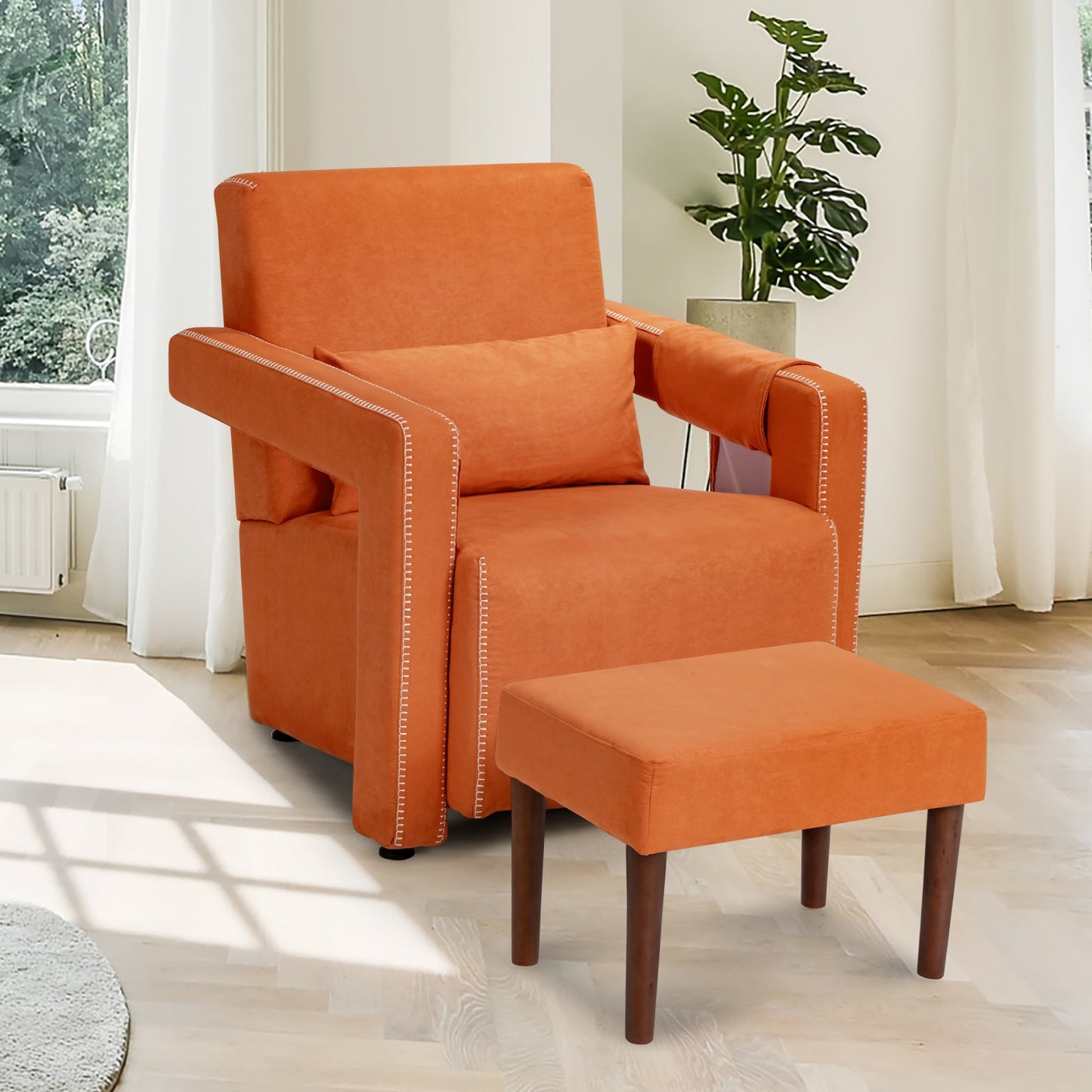 Modern Berber Fleece Single Sofa Chair with Ottoman and Waist Pillow, Orange Accent Chairs   at Gallery Canada