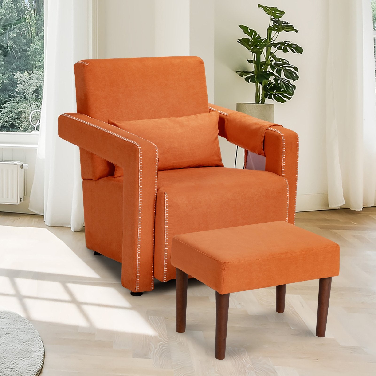 Modern Berber Fleece Single Sofa Chair with Ottoman and Waist Pillow, Orange - Gallery Canada