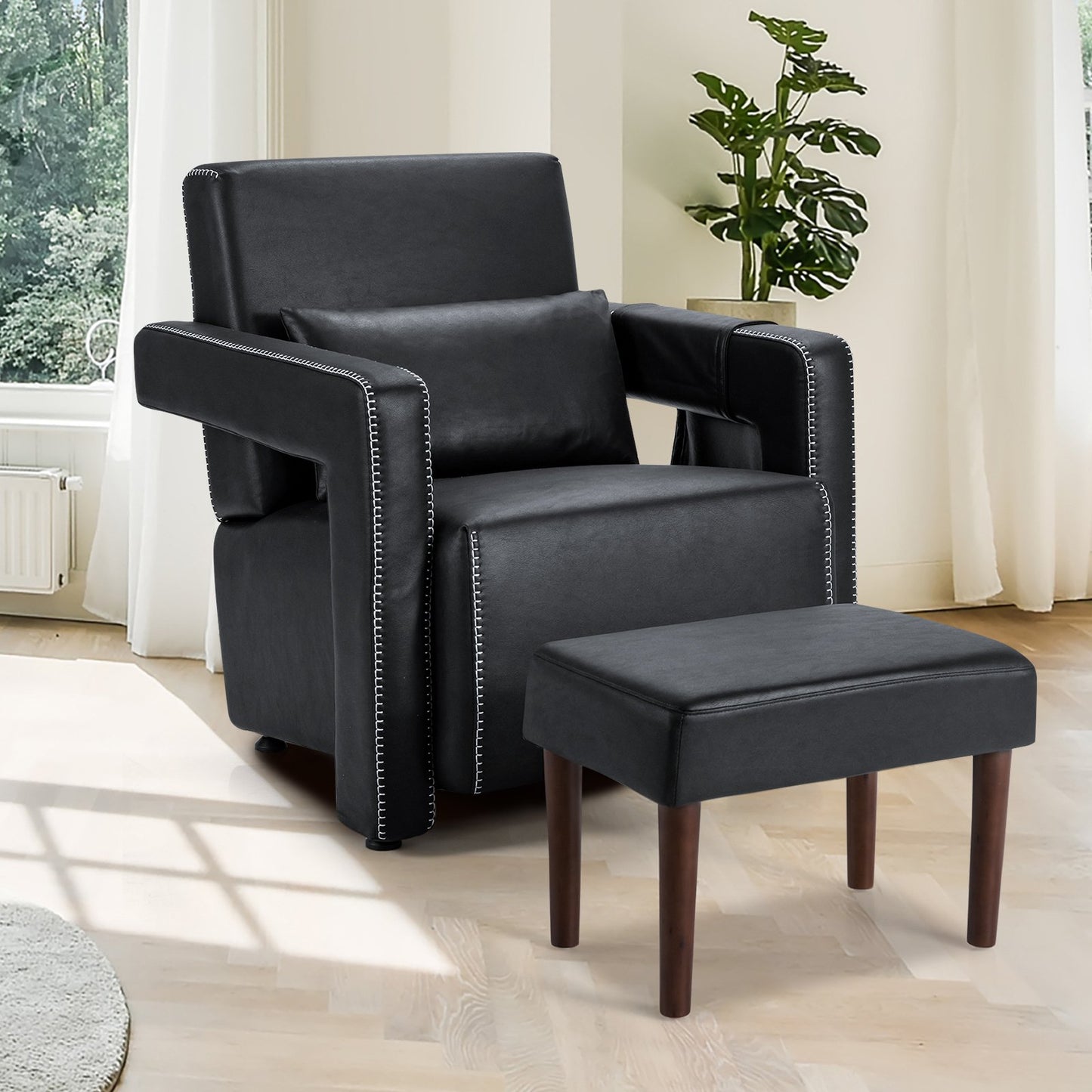 Modern Berber Fleece Single Sofa Chair with Ottoman and Waist Pillow, Black - Gallery Canada