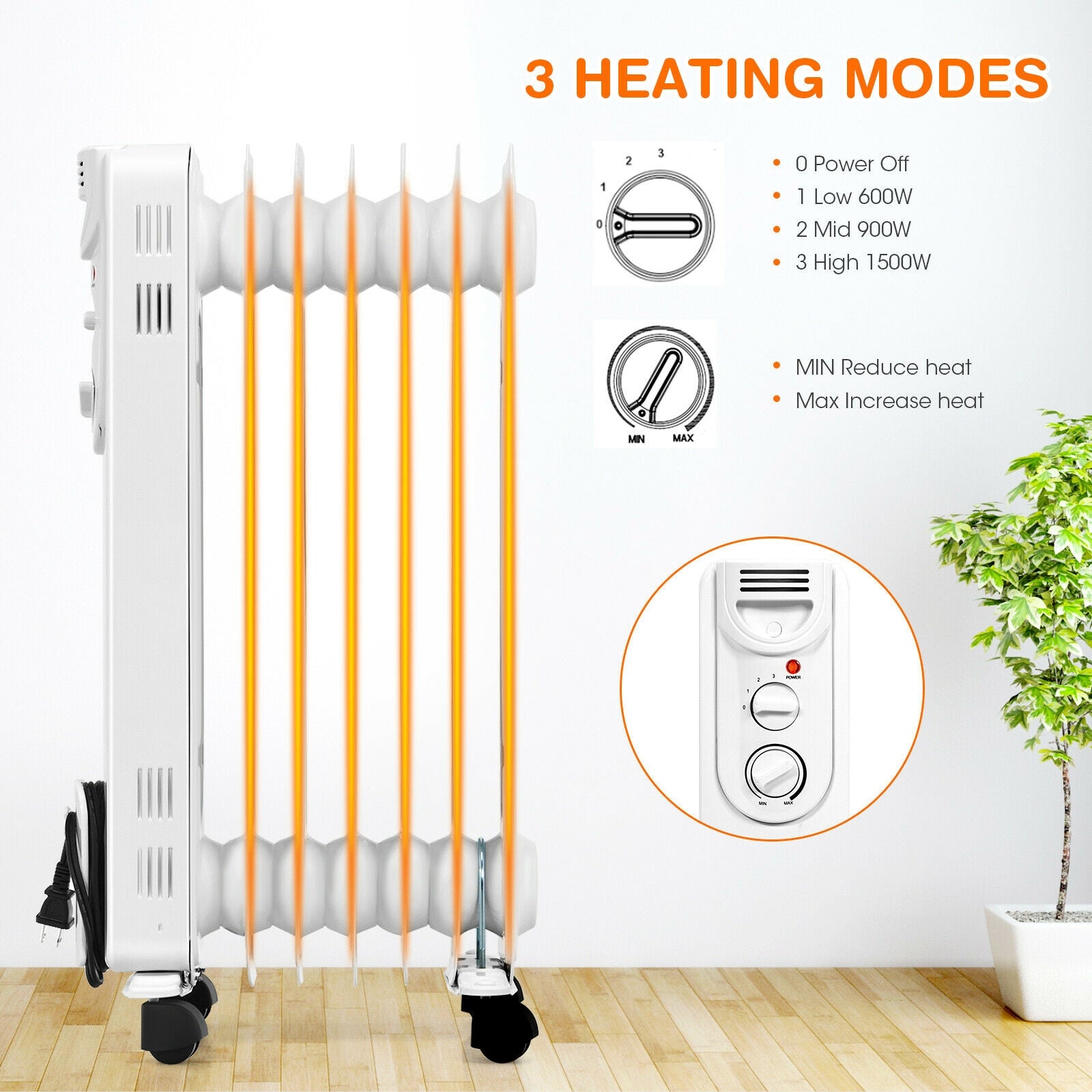 1500W Electric Space Heater with 3 Heat Settings and Safe Protection, White Space Heaters at Gallery Canada