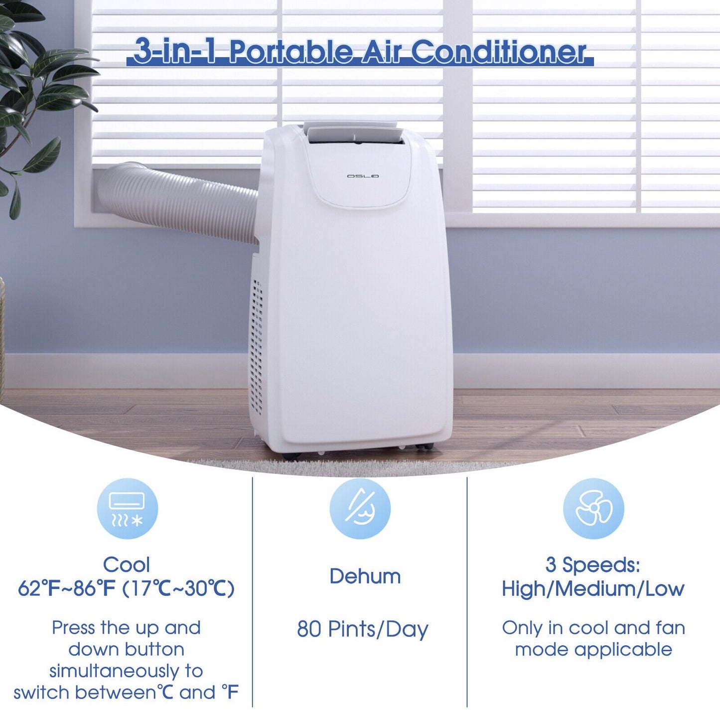 3-in-1 Portable Air Conditioner with Cooling Fan Dehumidifier Function-12000 BTU, White - Gallery Canada