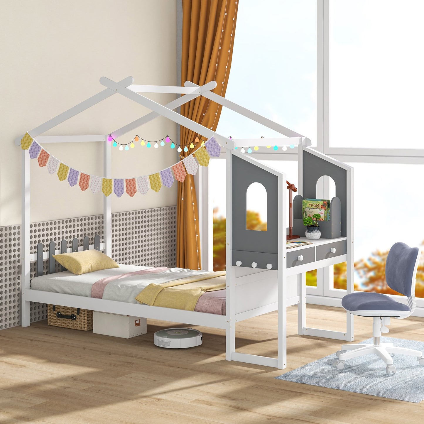 Twin/Full Bed Frame with House Roof Canopy and Fence for Kids-Twin Size, White Toddler Beds   at Gallery Canada