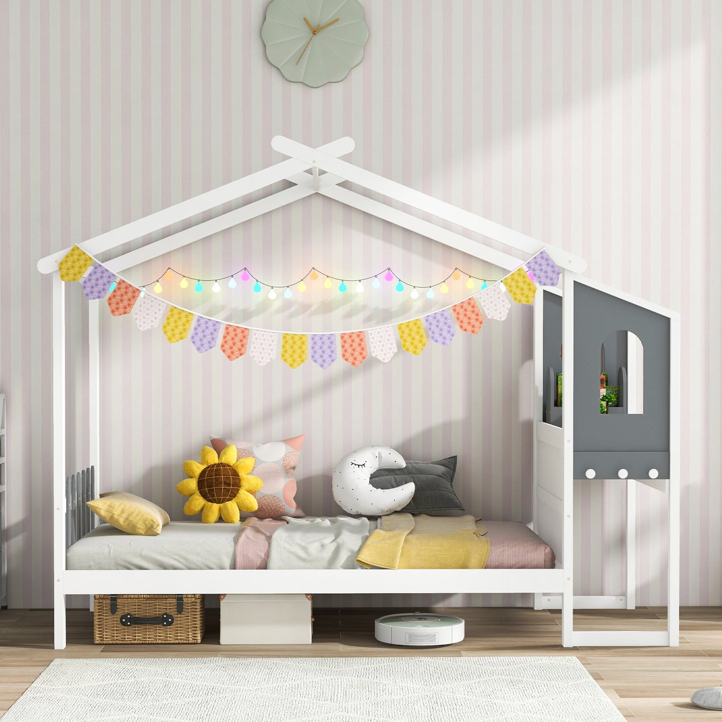 Twin/Full Bed Frame with House Roof Canopy and Fence for Kids-Twin Size, White Toddler Beds   at Gallery Canada