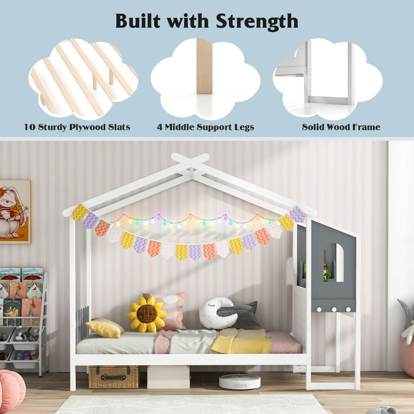 Twin/Full Bed Frame with House Roof Canopy and Fence for Kids-Twin Size, White Toddler Beds   at Gallery Canada