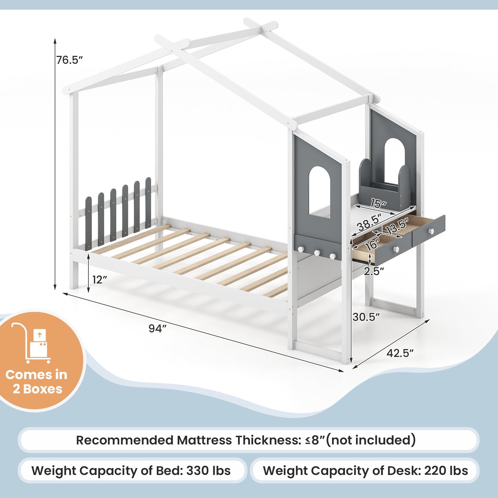 Twin/Full Bed Frame with House Roof Canopy and Fence for Kids-Twin Size, White Toddler Beds   at Gallery Canada