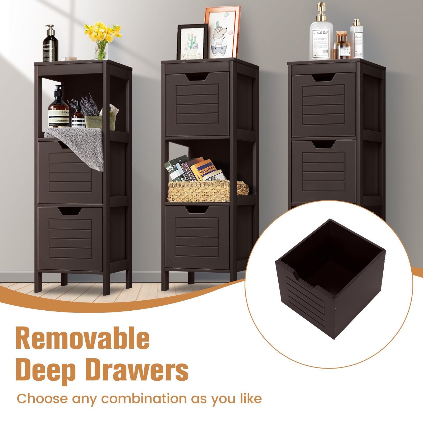 Bathroom Wooden Floor Cabinet Multifunction Storage Rack Stand Organizer, Brown Floor Cabinets   at Gallery Canada