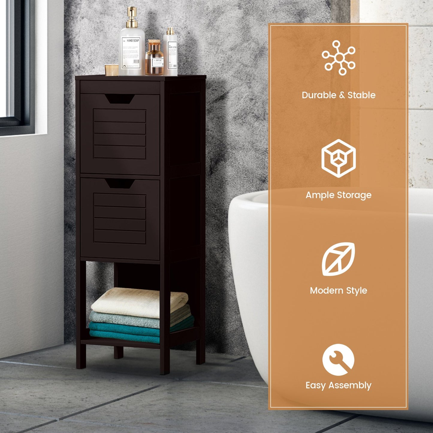 Bathroom Wooden Floor Cabinet Multifunction Storage Rack Stand Organizer, Brown Floor Cabinets   at Gallery Canada