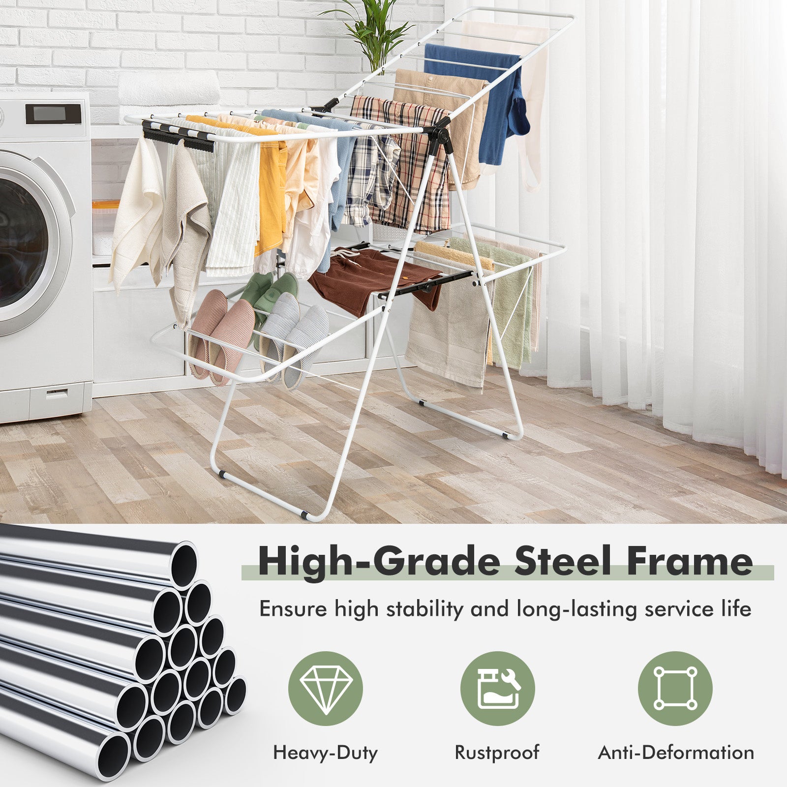 2-Tier Foldable Clothes Drying Rack with Adjustable Gullwing, White Drying Racks at Gallery Canada