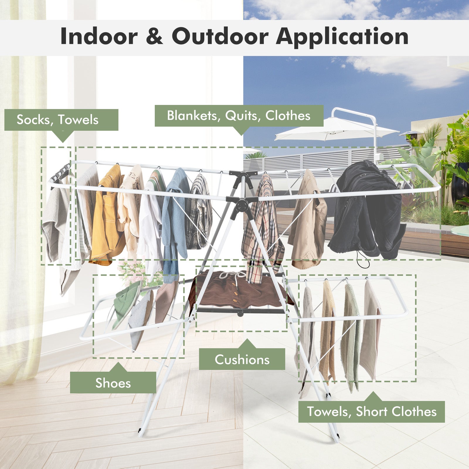 2-Tier Foldable Clothes Drying Rack with Adjustable Gullwing, White Drying Racks at Gallery Canada