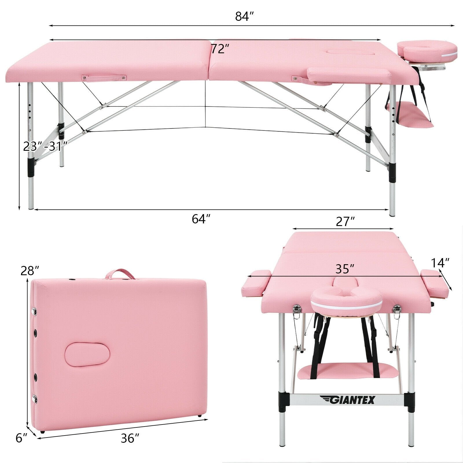 84 Inch L Portable Adjustable Massage Bed with Carry Case for Facial Salon Spa, Pink - Gallery Canada